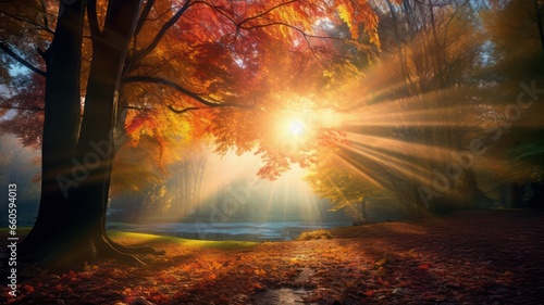 Sunrays over colorful autumn leaves created with Generative AI