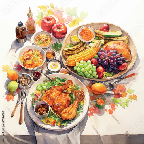 watercolor overhead view of thanksgiving illustration