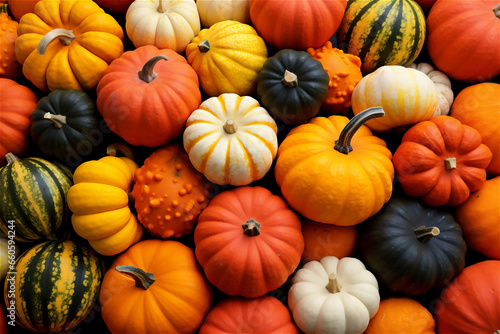 Colorful varieties of pumpkins and squashes background