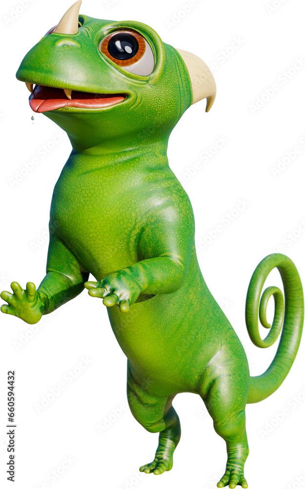 Fototapeta premium Funny dragon or dinosaur character is trying to get a treat. Cute cartoon creature stands on two legs and tries to get food. Reptilian character in search of something delicious. 3D Render