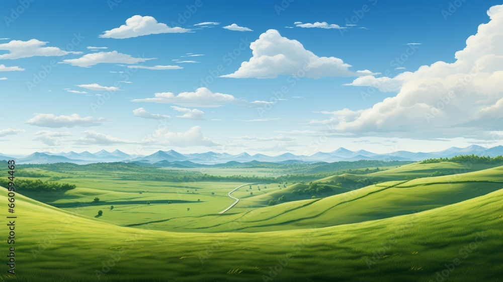 A panoramic view of rolling hills, the clear sky at noon offering vast copy space for overlay content.
