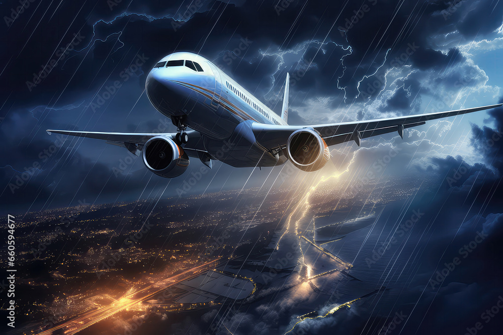 Airplane Flying Over City Amidst Lightning Strike