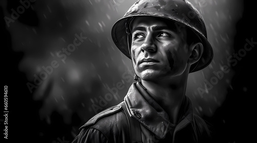Black and white realistic illustration of a soldier looking up. War photograph, portrait of a soldier without army insignia. War Concept