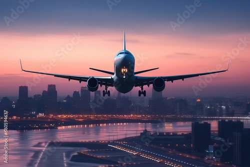 Airplane Flying At Twilight With Blurred Cityscape Below