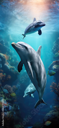 Family Of Dolphins Underwater. Cell Phone Wallpaper © Anastasiia