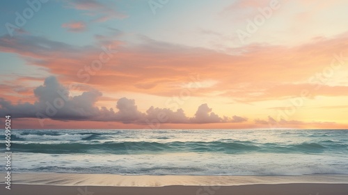 A tranquil beach at sunset, the horizon offering a vast canvas for overlay text.