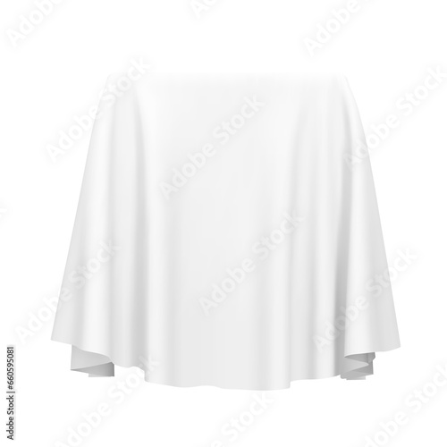 White fabric covering a cube or rectangular shape. Can be used as a stand for product display, draped table. Png clipart isolated cut out on transparent background