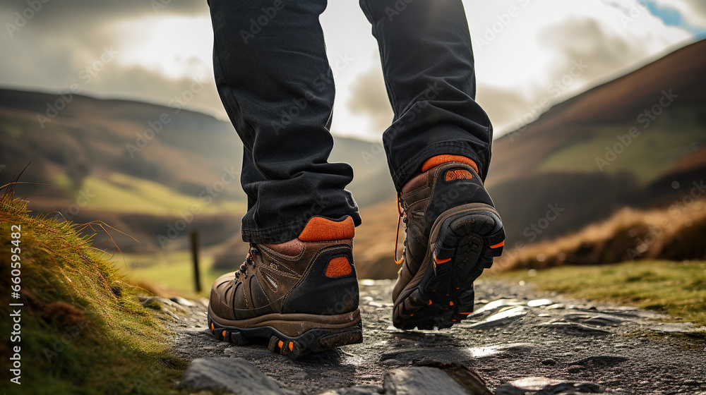 Pair of dirty  walking boots covered in mud and water, waterproof, outdoors concept