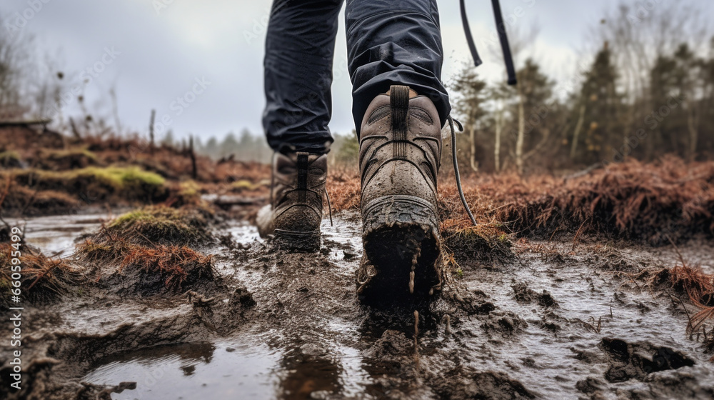 Pair of dirty walking boots covered in mud and water, waterproof, outdoors concept Pair of dirty walking boots covered in mud and water, waterproof, outdoors concept