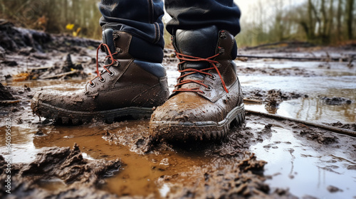 Pair of dirty walking boots covered in mud and water, waterproof, outdoors concept