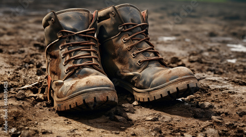 Pair of dirty walking boots covered in mud and water, waterproof, outdoors concept