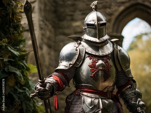 Knight in Full Armor in a Castle Setting: Perfect for Historical Reenactments, Medieval Themes, and Fantasy Designs