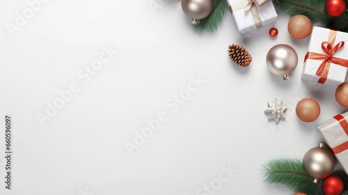 Christmas tree toys and gifts on white background, christmas decorations © Rita Marat