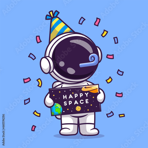 Cute Astronaut Celebrate Birthday Party Space Cartoon 
Vector Icon Illustration. Science Holiday Icon Concept
Isolated Premium Vector. Flat Cartoon Style