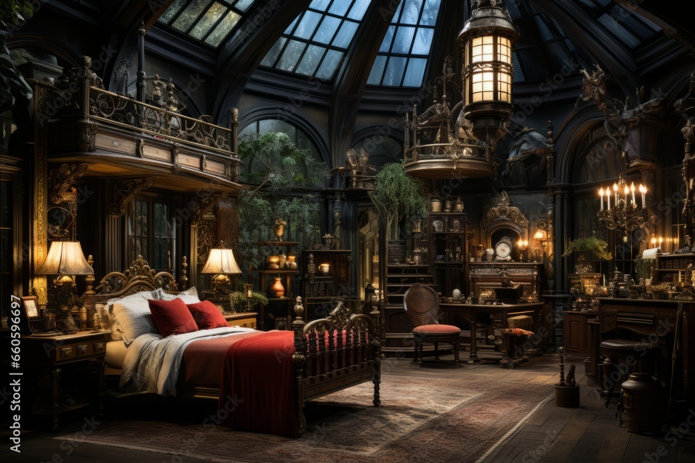 Victorian era bedroom with ornate furniture, velvet drapes, and a four - poster bed