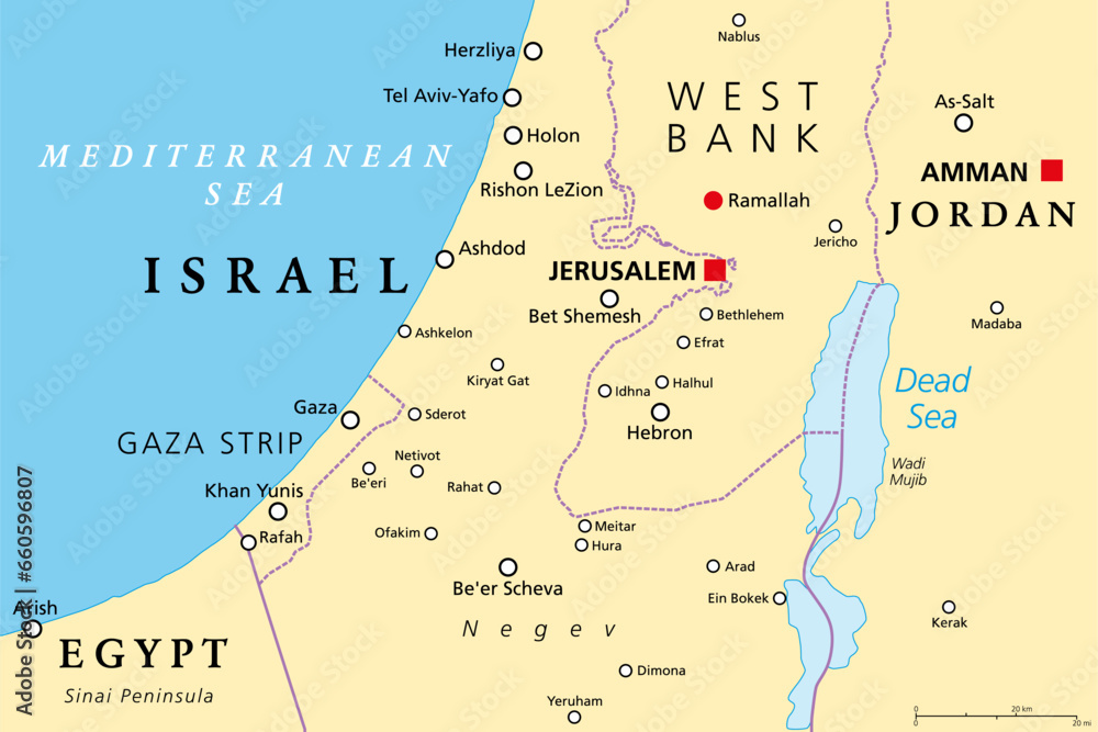 Fototapeta premium Part of the Southern District of Israel, political map, with the Gaza Strip, bottom half of West Bank, Dead Sea, and with borders and most important cities in this region. Illustration. Vector.