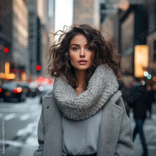photo of a beautiful woman in stylish warm autumn-winter clothes against the backdrop of a big city. Fashion and style concept