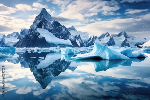 Canvas Depicting Icebergs Floating In Frigid Waters With Towering Mountains As Backdrop © Anastasiia