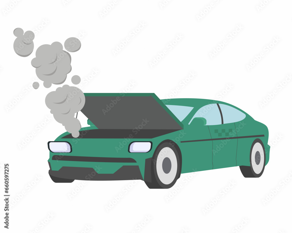 Car with open hood Broken car Road accident vector illustration.
