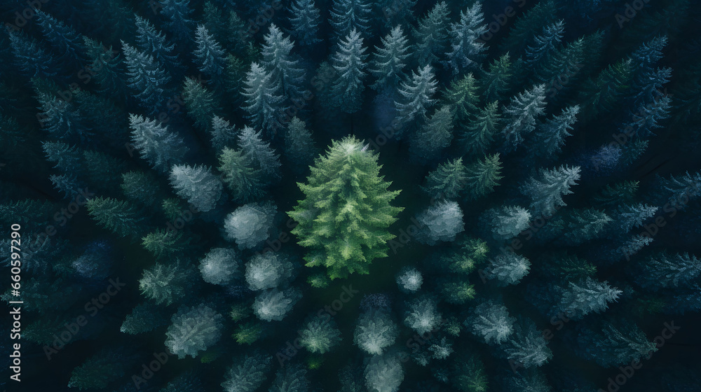 Beautiful winter forest landscape. Aerial view of coniferous forest with christmas tree. Beautiful winter forest landscape. Aerial view of coniferous forest with christmas tree.