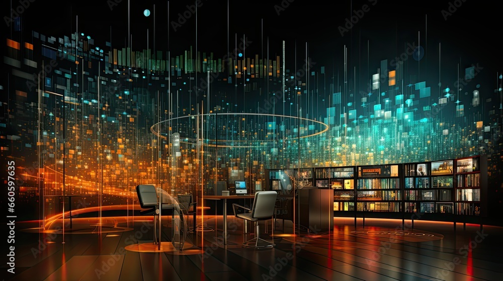 AI-generated illustration of a futuristic, techno-enabled library. MidJourney.