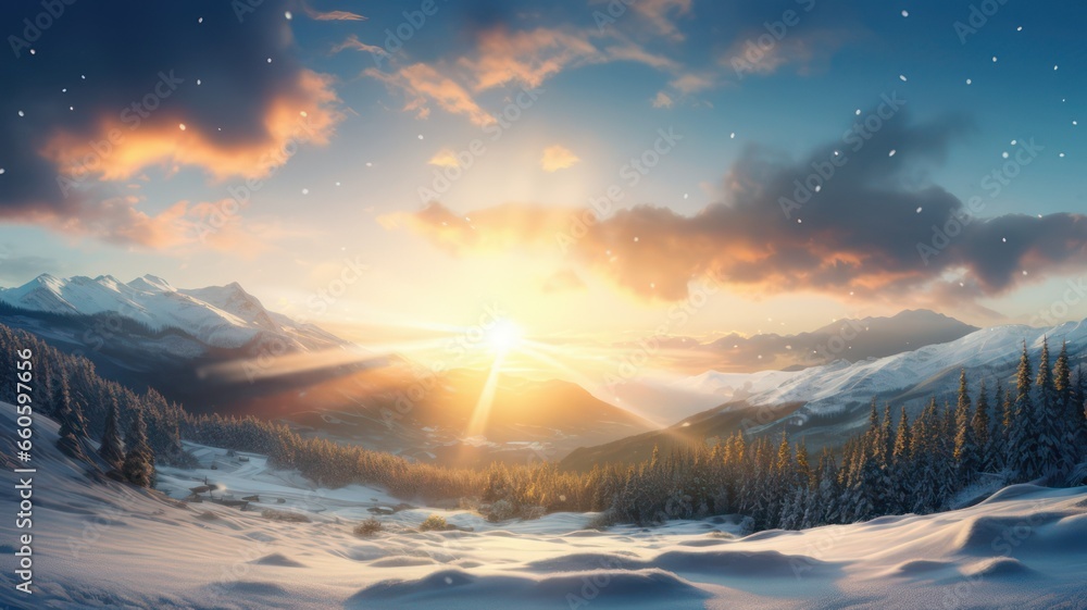 Obraz premium Sunrays over winter landscape created with Generative AI