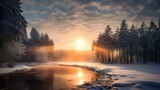 Sunrays over winter landscape created with Generative AI