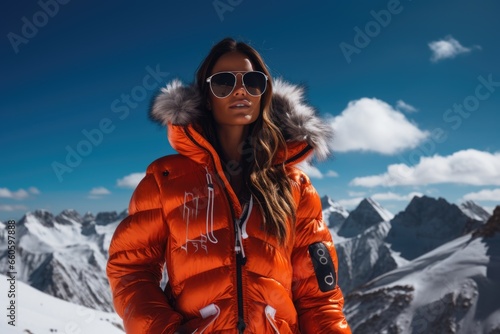 photo of a beautiful woman in a warm ski suit against the backdrop of beautiful mountains
