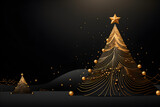 Abstract golden Christmas tree with stars black background