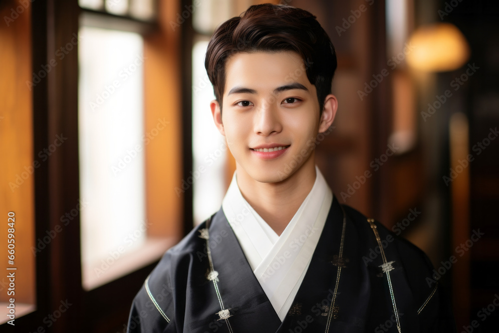 Portrait of a young handsome Korean man model wearing traditional Hanbok clothing Portrait of a young handsome Korean man model wearing traditional Hanbok clothing