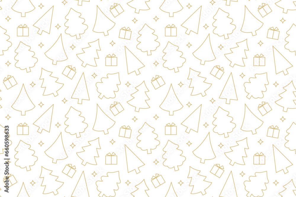 christmas golden seamless pattern with fir trees, gifts and stars- vector illustration