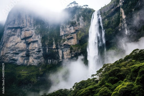 Magnificent Waterfall Cascading Down Rocky Cliff, Creating Misty Cloud In The Air
