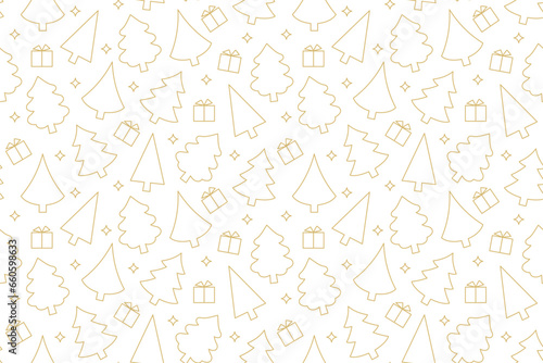 christmas golden seamless pattern with fir trees, gifts and stars- vector illustration