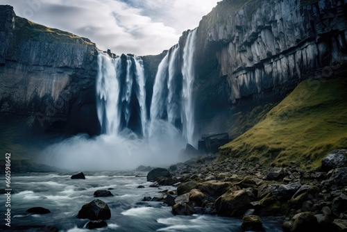 Magnificent Waterfall Cascading Down Rocky Cliff, Creating Misty Cloud In The Air