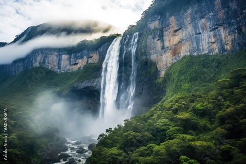 Magnificent Waterfall Cascading Down Rocky Cliff  Creating Misty Cloud In The Air