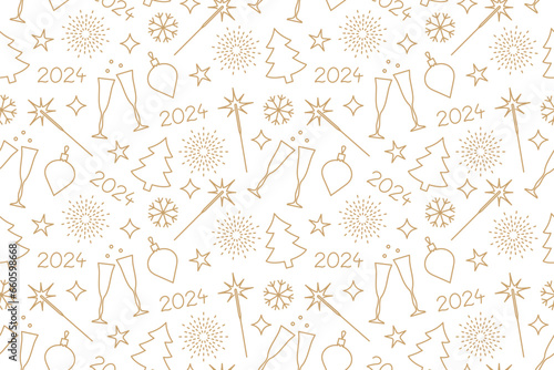 christmas, New Year's Eve 2024 party golden seamless pattern- vector illustration