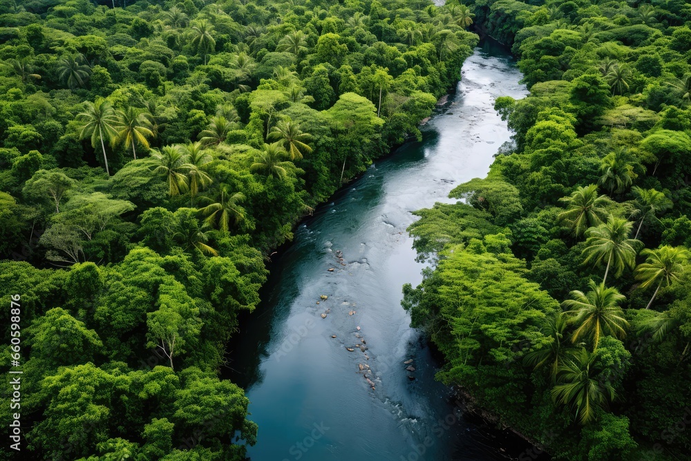 River Flowing Through The Heart Of Lush Rainforest, Featuring Numerous Green Tropical Trees, Captured By Drone River Flowing Through The Heart Of Lush Rainforest, Featuring Numerous Green Tropical Trees, Captured By Drone