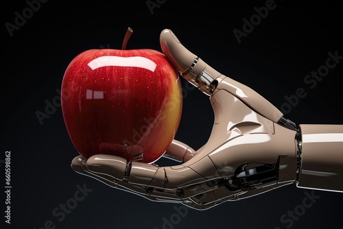 Robotic Hand Holds Drendered Apple, Symbolizing Automation And Gmo Concepts