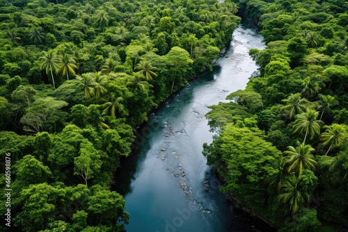 River Flowing Through The Heart Of Lush Rainforest, Featuring Numerous Green Tropical Trees, Captured By Drone