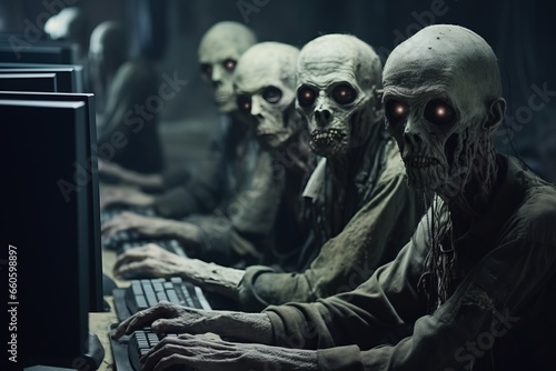 A quirky depiction of zombie-like beings engrossed in computer work, providing a humorous take on workplace monotony. Ideal for topics related to job stress, tech culture, and work-life balance. photo