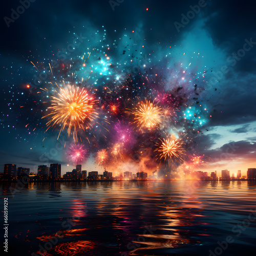 Beautiful colorful fireworks over the city near sea shore AI Generated Art
