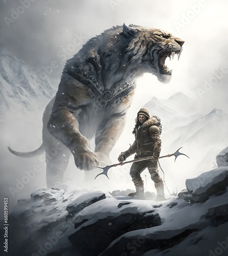 huntervholding spear encounters sabertooth smilodon on snowy Mountaintop pass snowy peaks frost ice fog diffused light powerful athletic cinematic spectacular smooth sharp rendering 32k hyper  photo