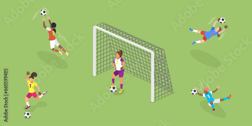 3D Isometric Flat Vector Set of Female Soccer Characters, Girl Football Players