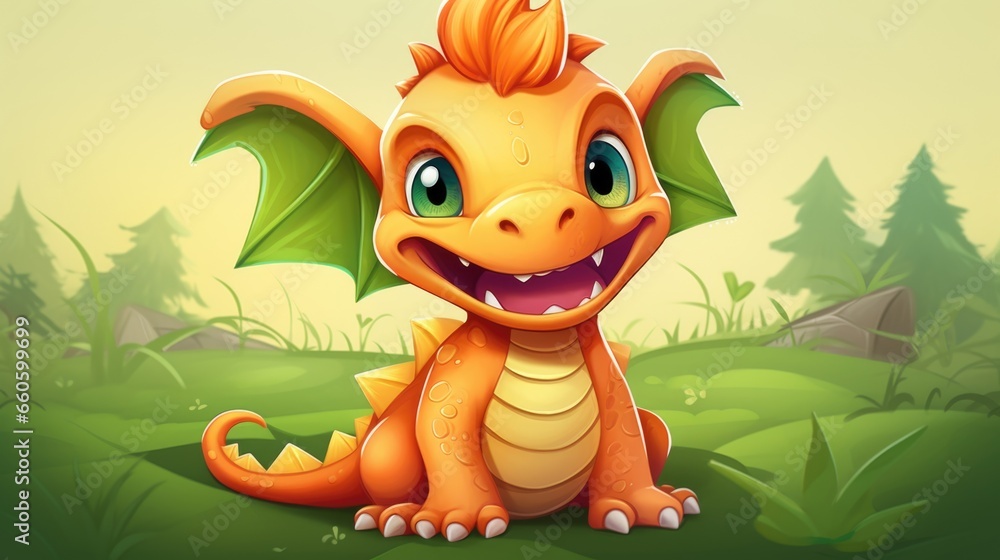 Naklejka premium A cartoon dragon sitting in the grass