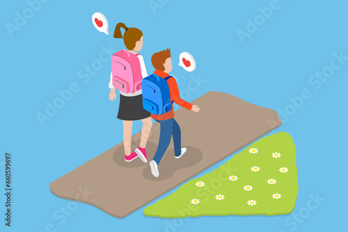 3D Isometric Flat Vector Conceptual Illustration of Two Children Characters , Brother and Sister with Backpacks Going to School