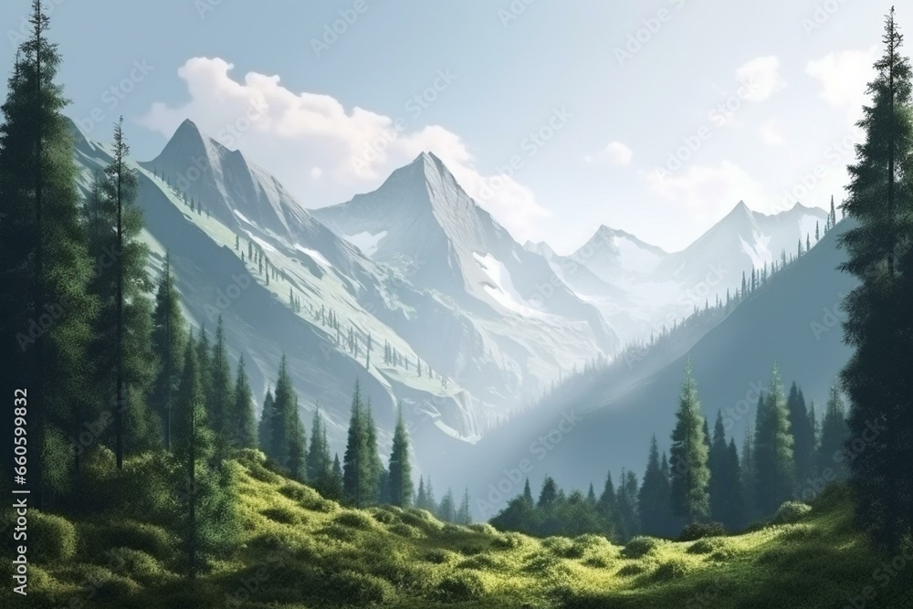 Mountainous landscape with lush forest, standing tall and solitary on a pure white backdrop. Generative AI
