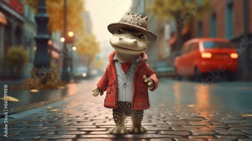 A frog wearing a hat and coat standing on a street