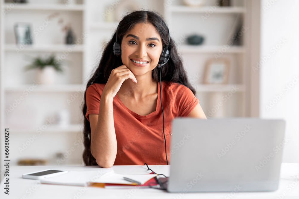 Cheerful Remote Worker Young Eastern Woman Connecting Online From Home Cheerful Remote Worker Young Eastern Woman Connecting Online From Home