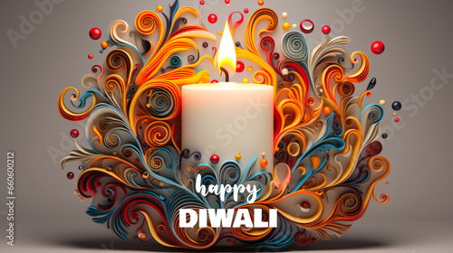A white candle with colorful swirls and a happy diwali text. Diwali, light festival.