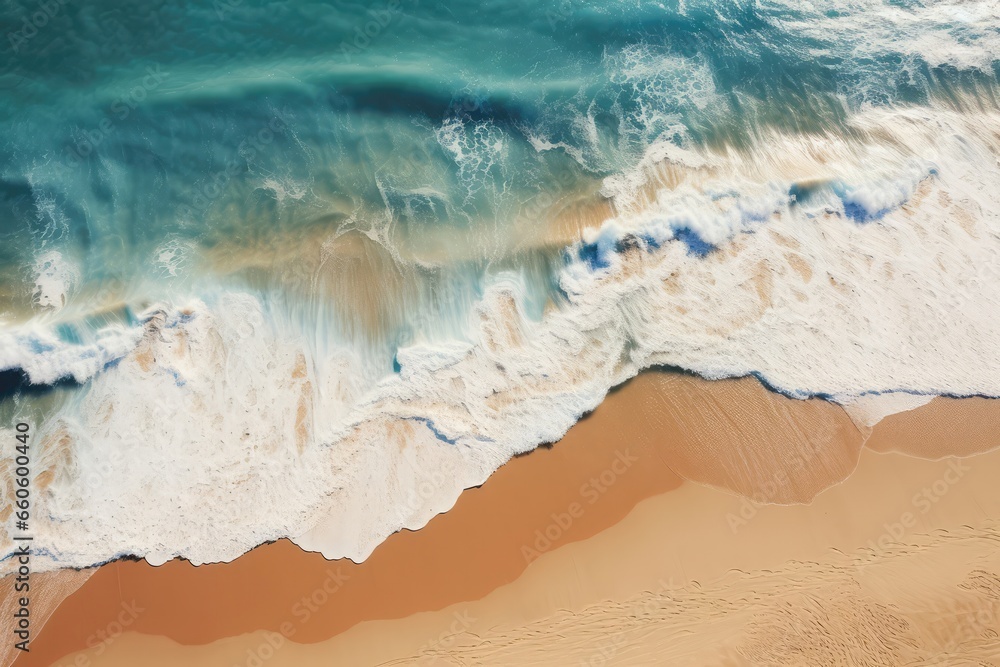 Fototapeta Aerial View Of Sandy Beach, Sand, And Sea, Presented Artistically
